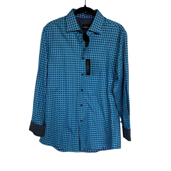 NWT Parc 81 Bright Blue Checkered Button Down Dress Shirt Career Mens Medium - Picture 1 of 7